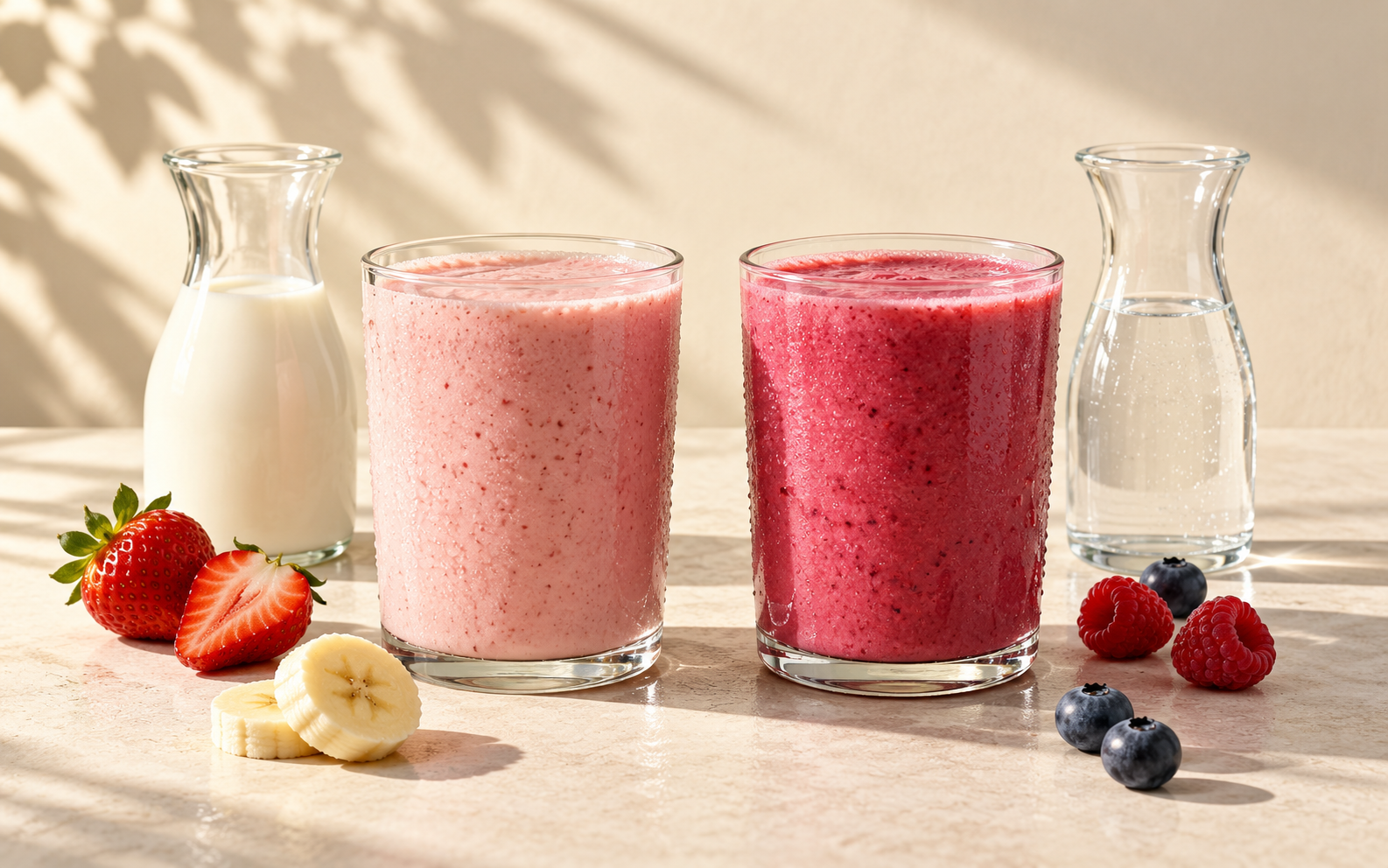 Two berry smoothies beside glass carafes of milk and water on a warm cream background.
