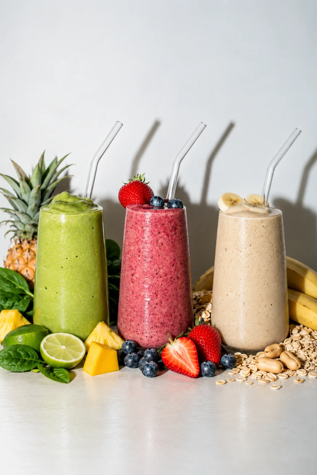 Tropical Green, Berry Best and Peanut Oat smoothies in glasses with straws, surrounded by fruit
